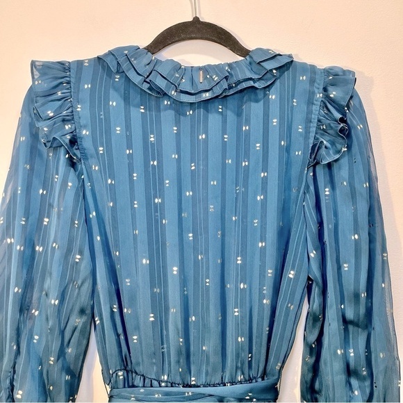 NEW Misa Los Angeles Blue Ruffle Maxi Faux Wrap Long Sleeve V Neck Sheer Dress - Picture 13 of 16